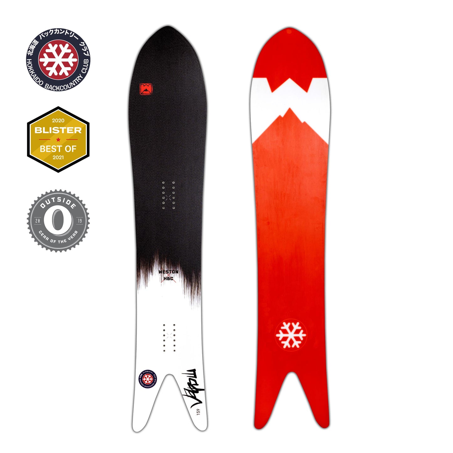 The weston japow snowboard with a black and white design on the top and red and white on the bottom, featuring a snowflake symbol and the text 'JAPOW' on the white area.
