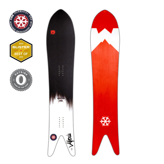 The weston japow snowboard with a black and white design on the top and red and white on the bottom, featuring a snowflake symbol and the text 'JAPOW' on the white area.