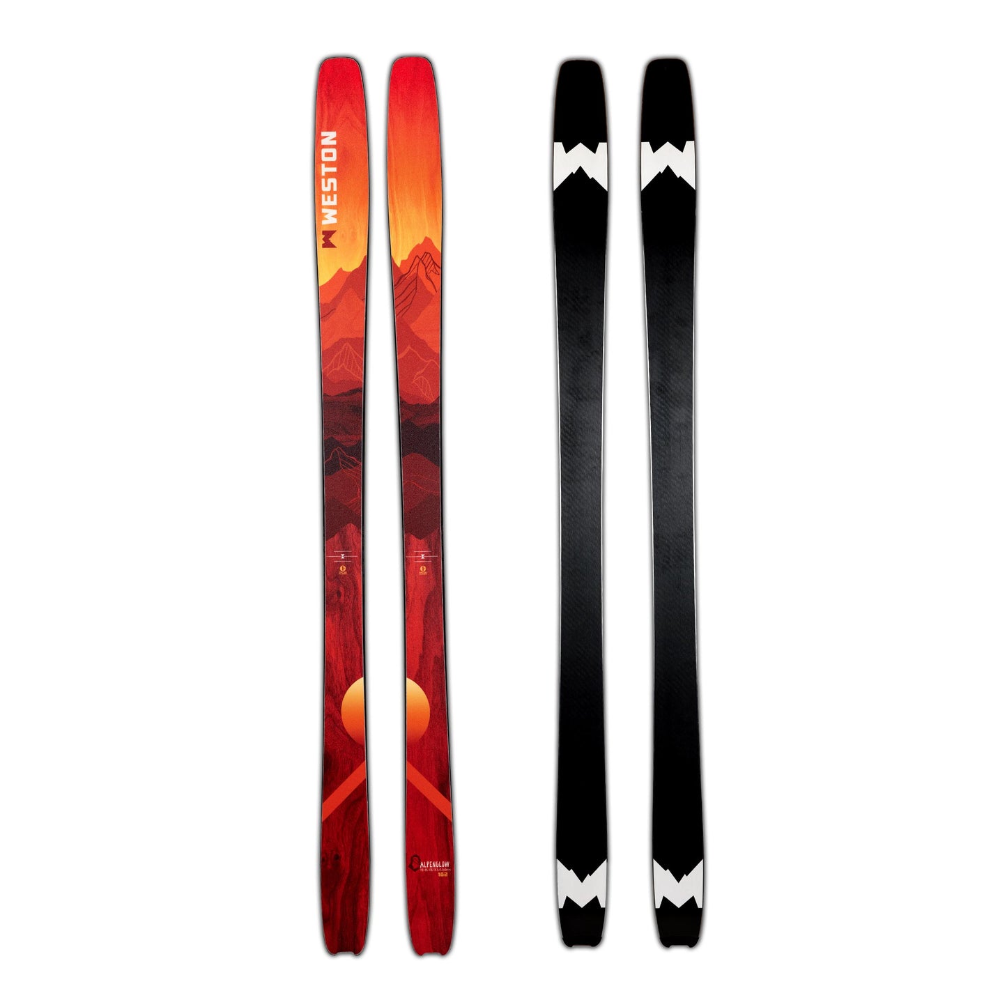 A pair of weston alpenglow skis with a multicolored design, featuring a predominantly red and orange color scheme and artwork depicting a mountainous landscape.