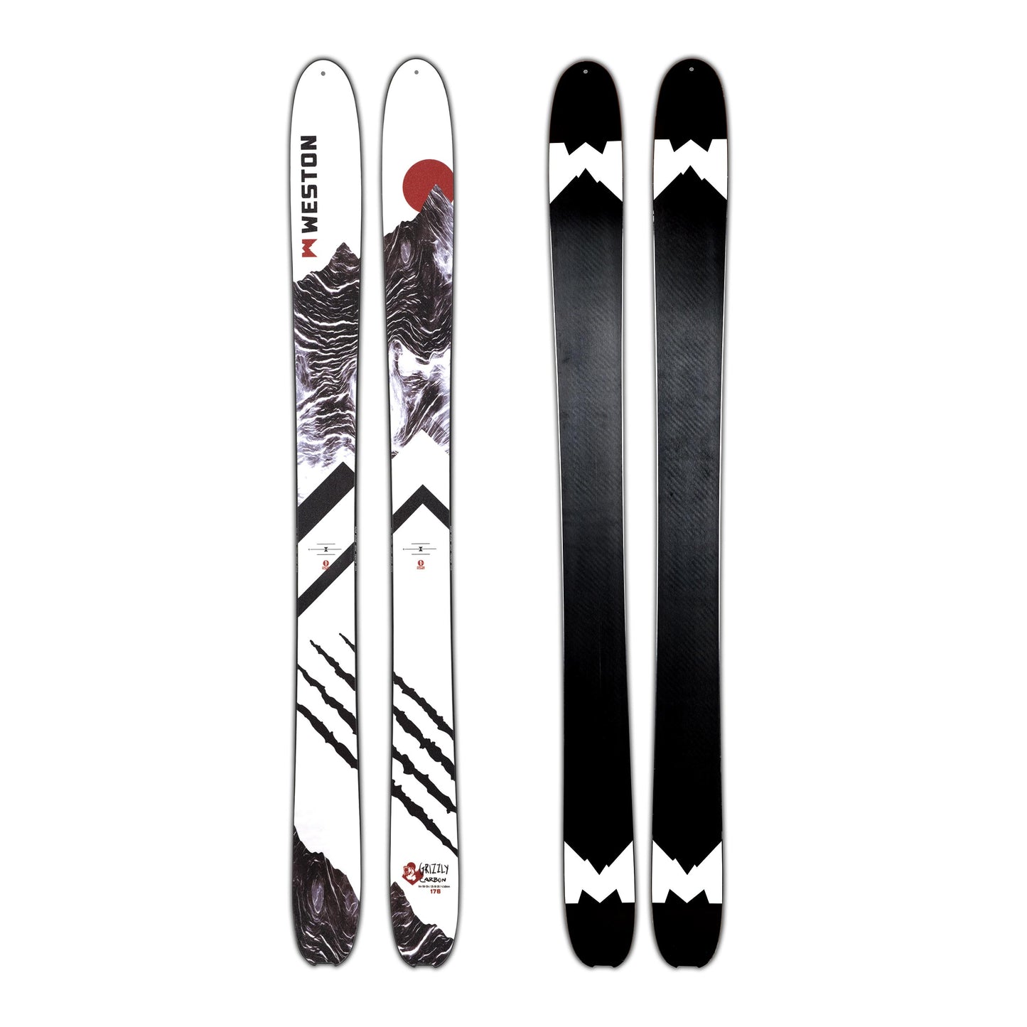 A pair of weston grizzly carbon skis with a prominent bear claw and white and black wood grain mountain design