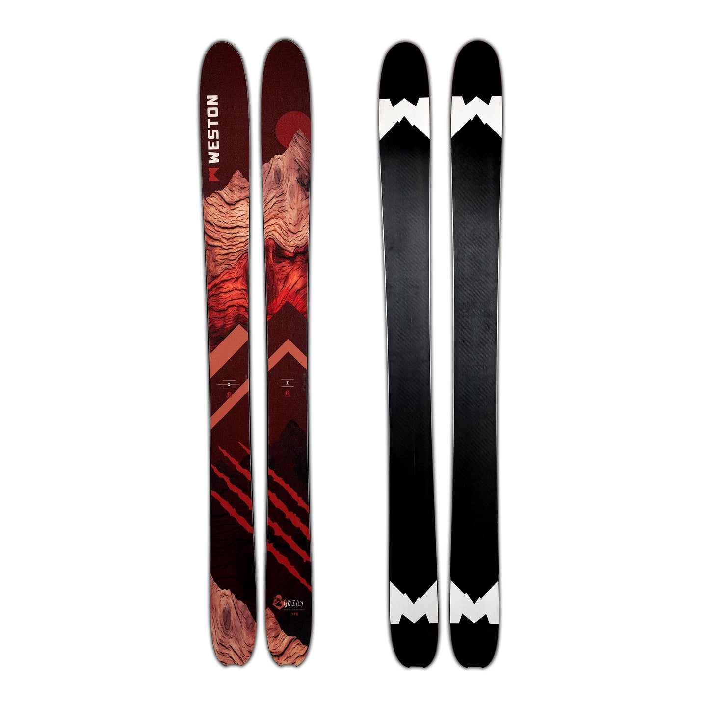 A pair of weston grizzly skis with a prominent bear claw and wood grain mountain design in brown, black, and red colors