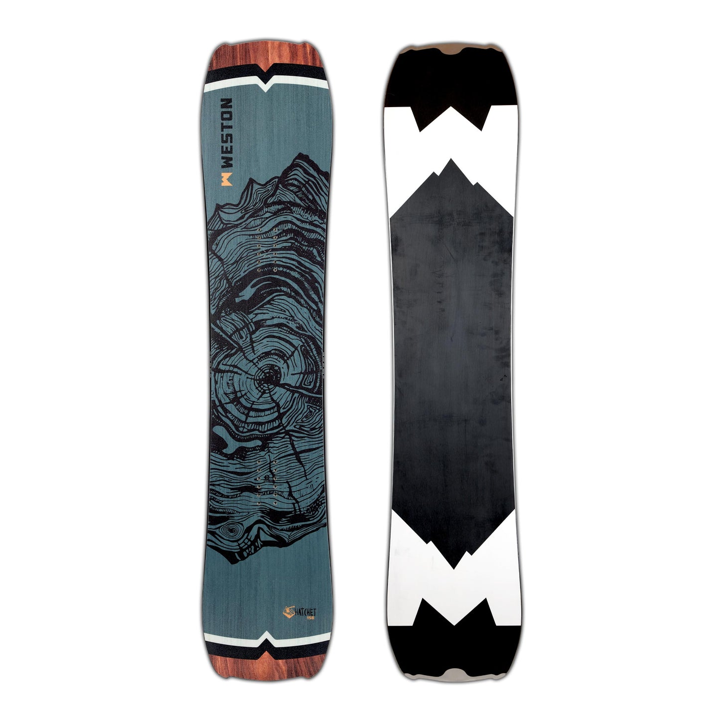 The weston hatchet snowboard with a dark green wood grain graphic and black line work to resemble the rings of a cut down tree