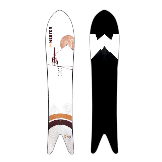 The Weston Japow snowboard with a swallowtail and graphic design featuring white wood grain and a Japanese mountain landscape
