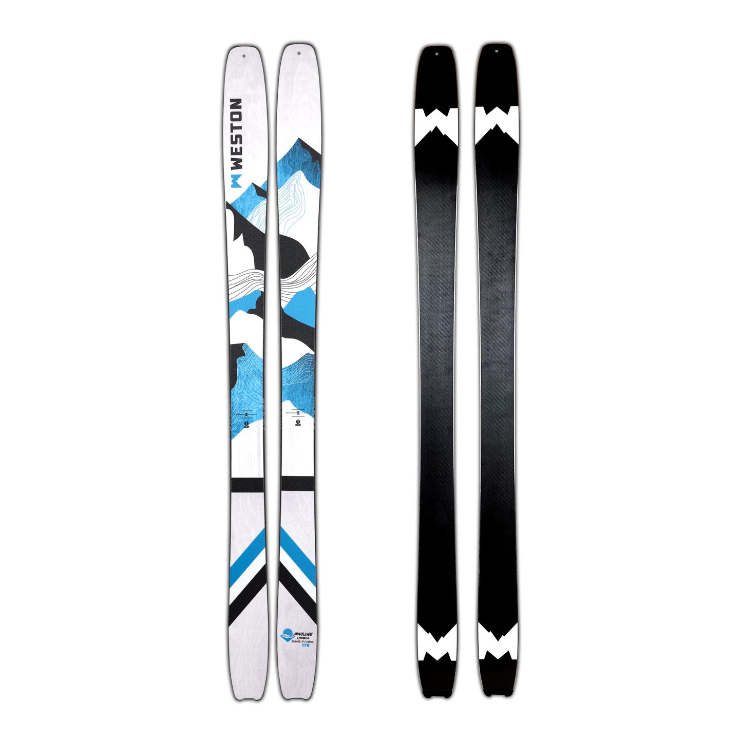 A pair of Weston Skyline carbon skis featuring a white and blue wood grain pattern and mountainous designs