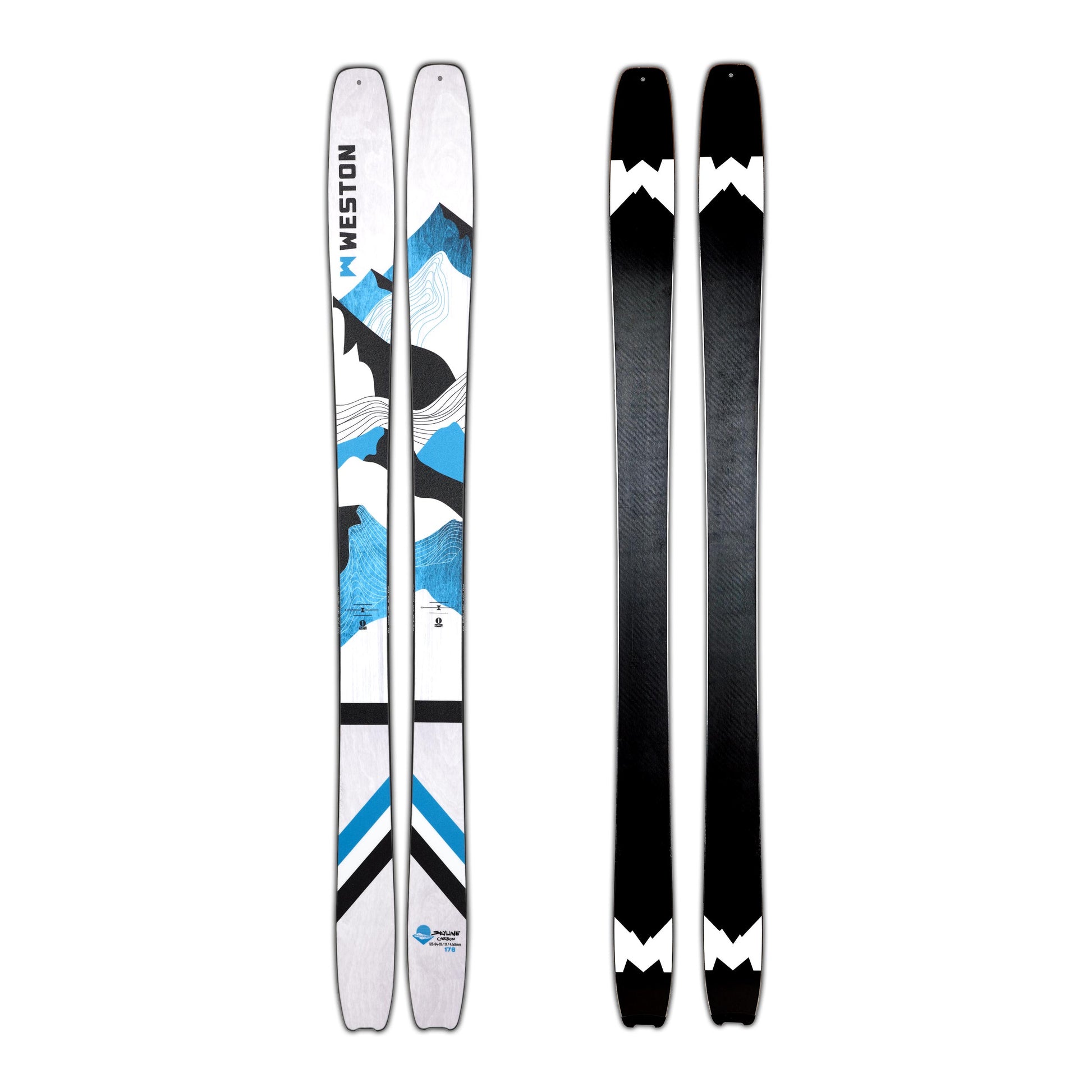 A pair of Weston Skyline carbon skis featuring a white and blue wood grain pattern and mountainous designs
