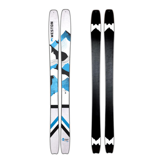 A pair of Weston Skyline carbon skis featuring a white and blue wood grain pattern and mountainous designs