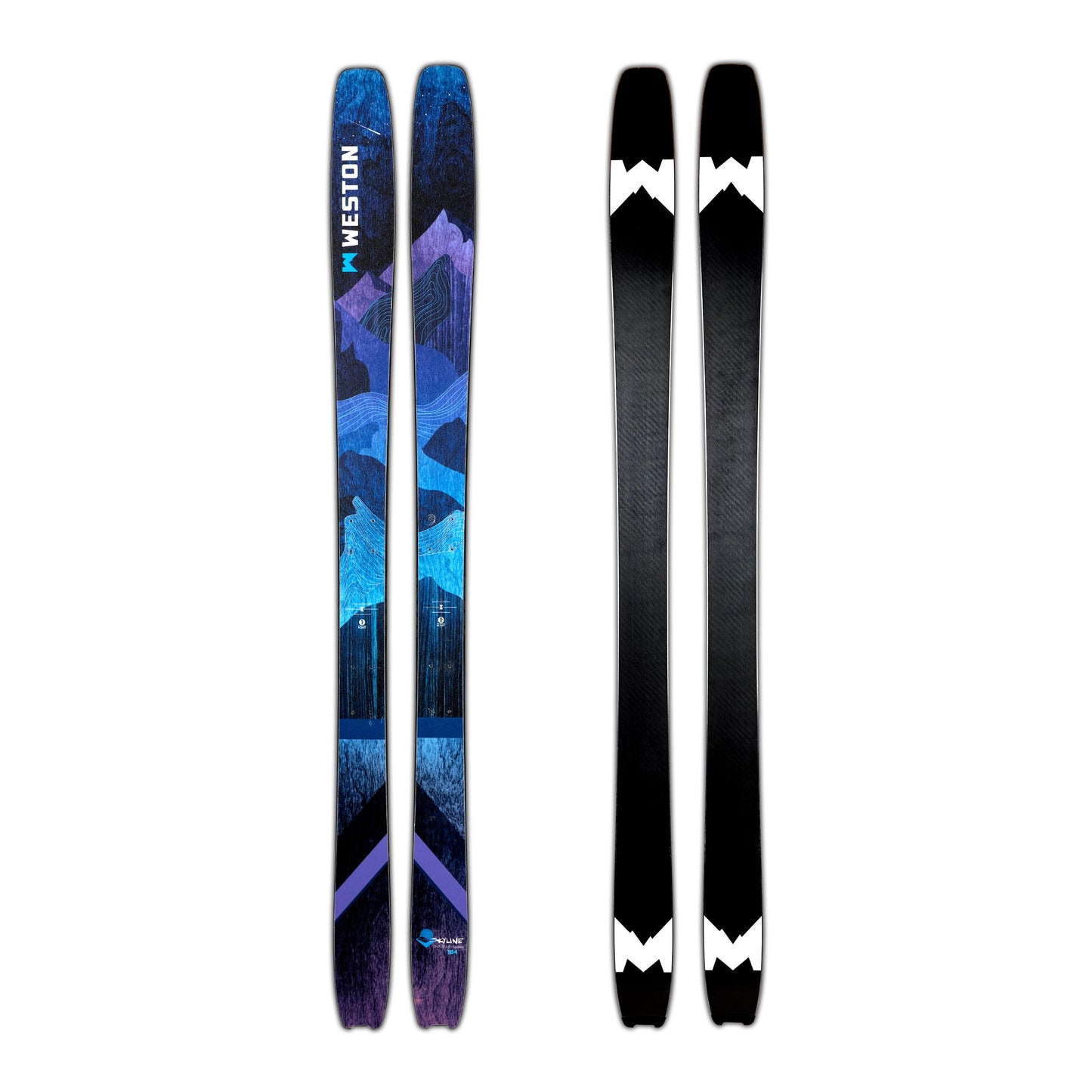 A pair of weston skyline skis with a dark blue and purple wood grain mountain design