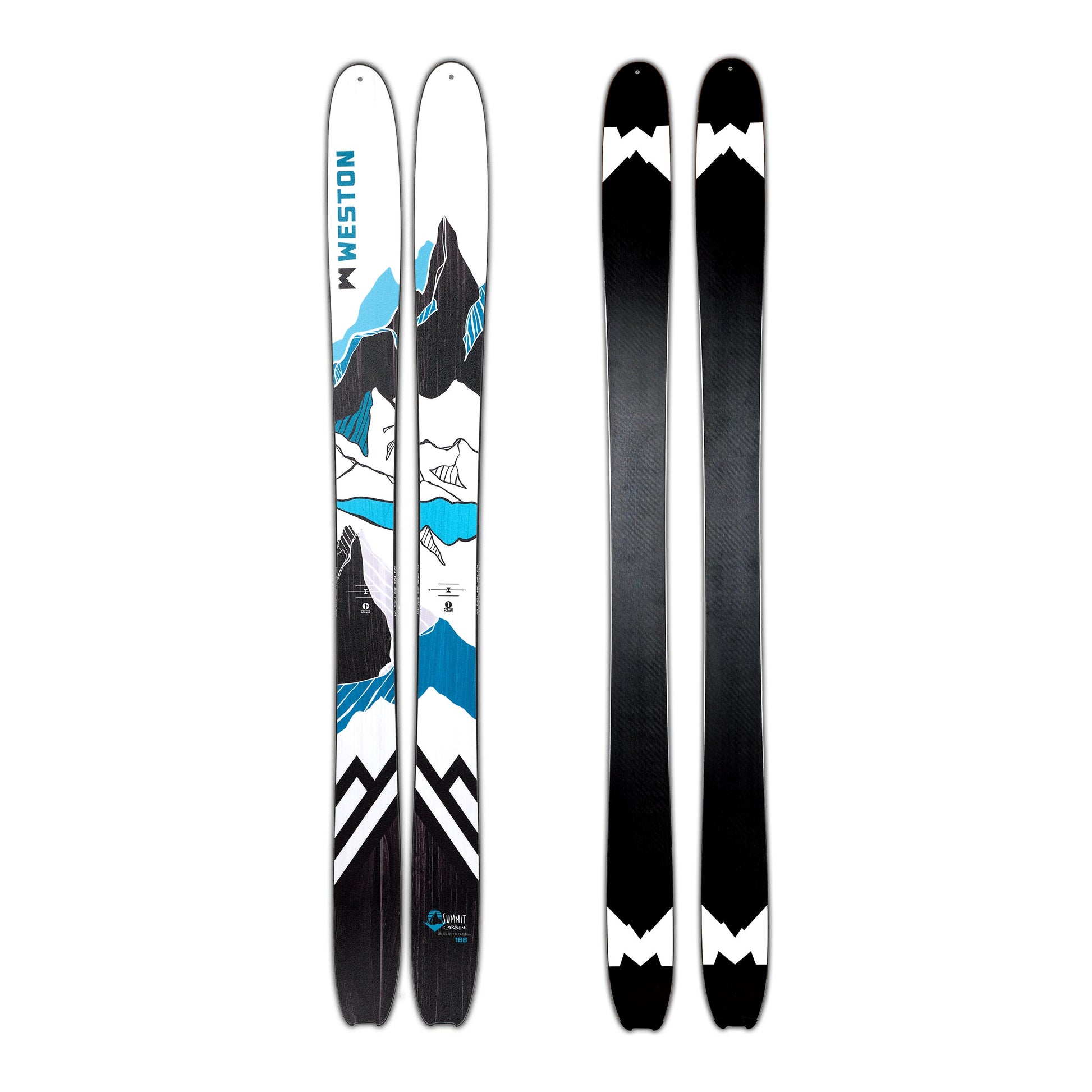 A pair of weston summit carbon skis with a white wood grain mountain design in dark and light blue colors