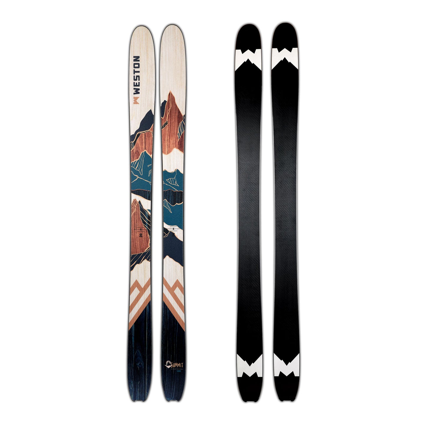 A pair of weston summit skis with a wood grain mountain design in brown, dark blue and tan colors