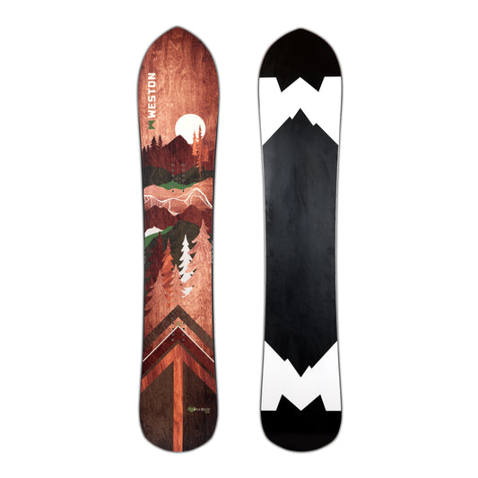 The Weston Backwoods snowboard with a graphic featuring warm wood grain and bold angular lines, with a viking shield inspired design, predominantly brown with green trees and mountainscapes.