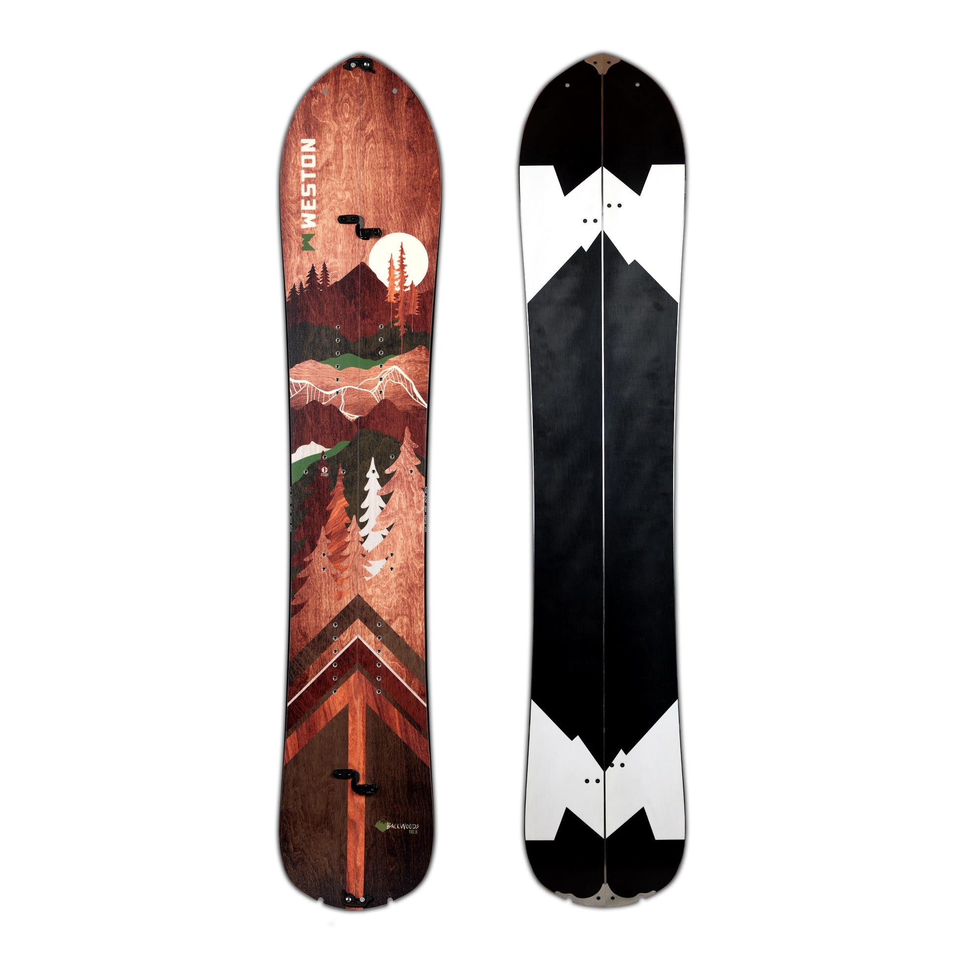 The Weston Backwoods splitboard with a graphic design featuring warm wood grain and bold angular lines on a viking shield inspired deck.