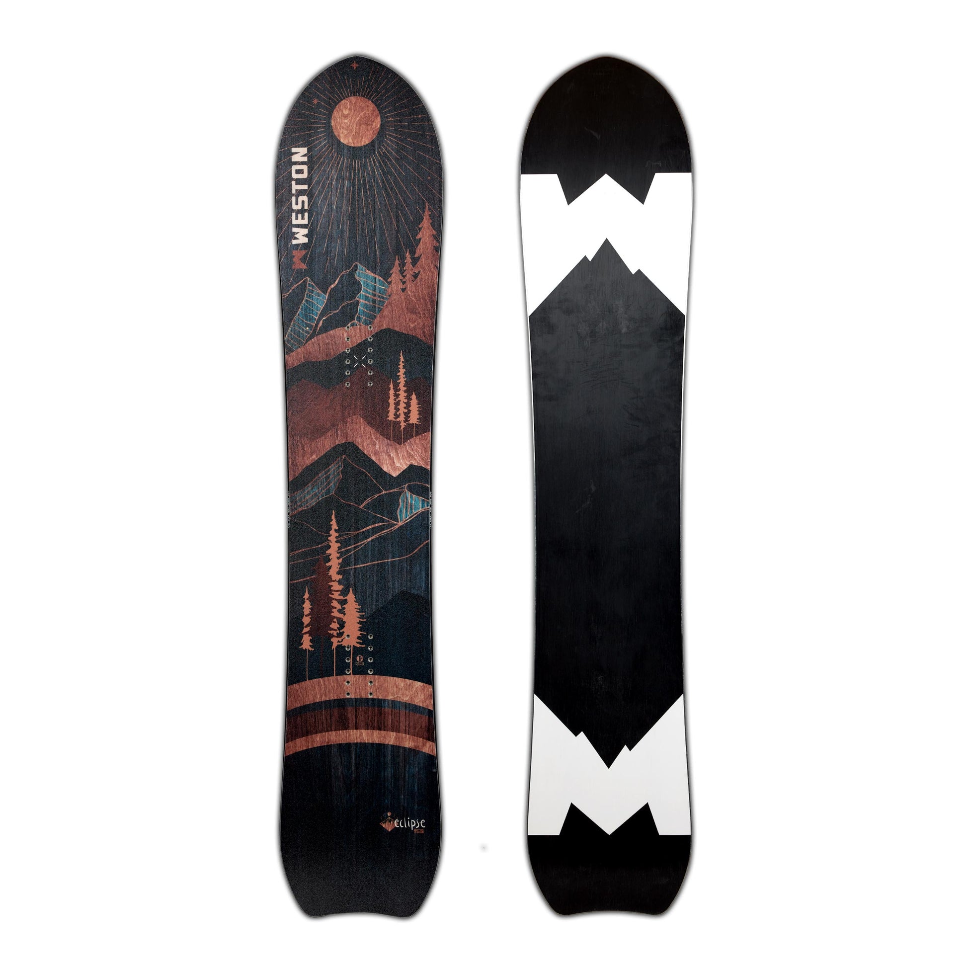 The Weston Eclipse snowboard with a predominantly dark navy blue wood grain design, featuring a crescent moon tail, and artwork that includes mountain ranges and a moon motif.