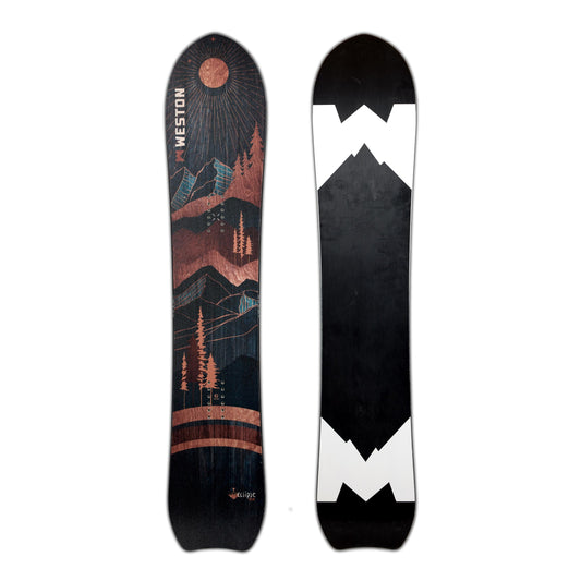 The Weston Eclipse snowboard with a predominantly dark navy blue wood grain design, featuring a crescent moon tail, and artwork that includes mountain ranges and a moon motif.