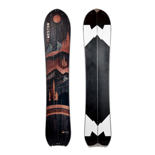 The Weston Eclipse splitboard with a predominantly dark navy blue wood grain design, featuring a crescent moon tail, and artwork that includes mountain ranges and a moon motif.