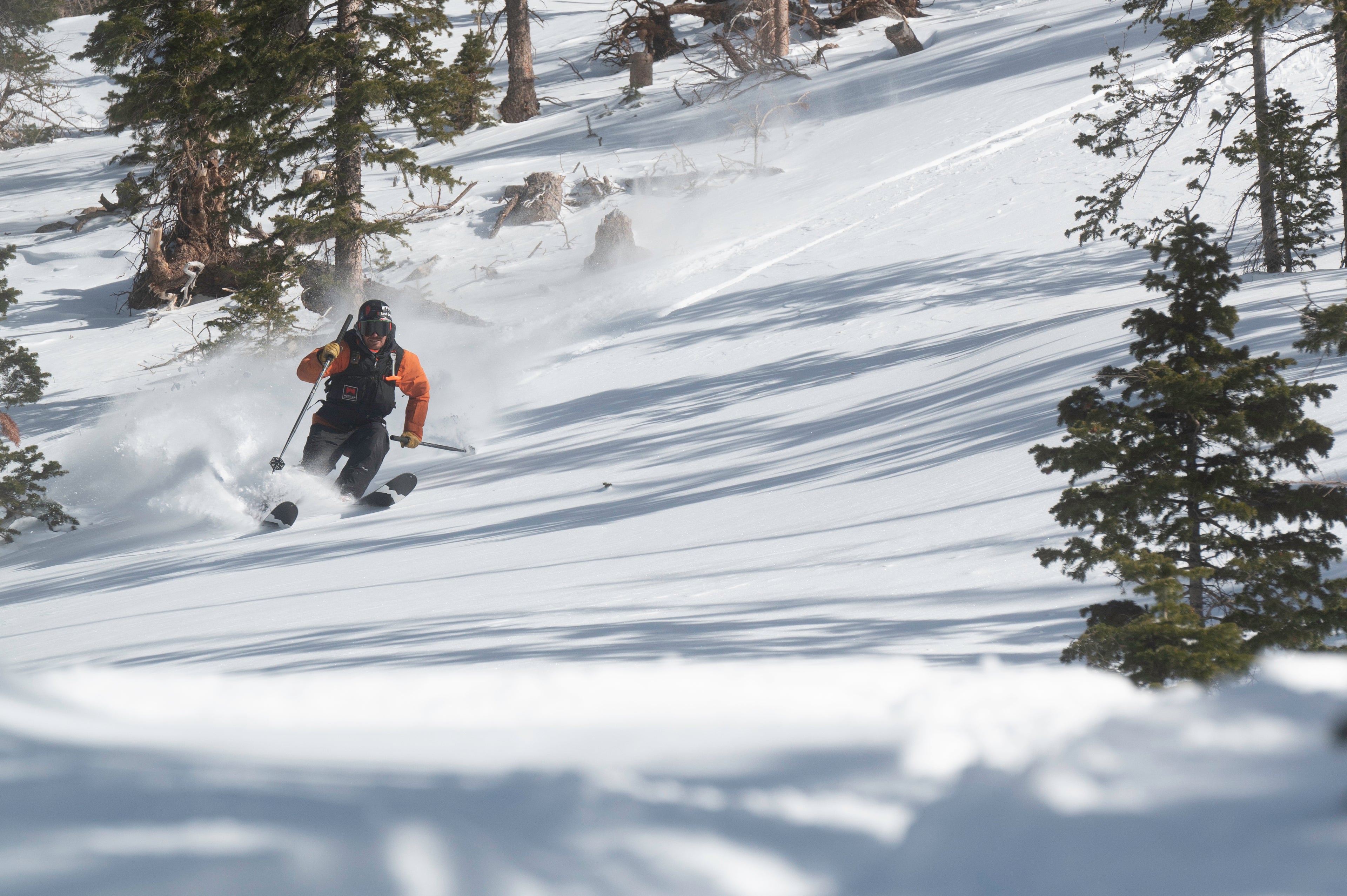 Backcountry skiier on the Weston Grizzly skis making a smooth turn in a snowy untouched powder field
