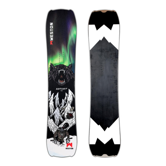 Weston hatchet snowboard featuring a graphic with a viking and a wolf on it, with a green northern lights color scheme in the art style of John Fellows