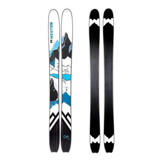 A pair of weston summit carbon skis with a white wood grain mountain design in dark and light blue colors