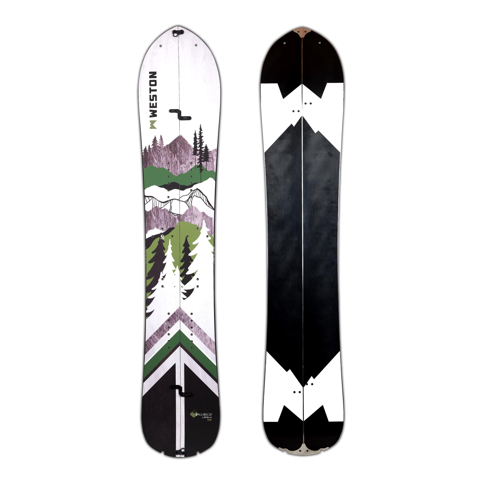 The Weston Backwoods carbon splitboard with a graphic design featuring a white wood grain and bold green angular lines on a viking shield inspired deck.