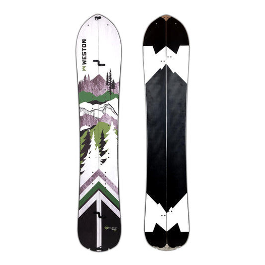 The Weston Backwoods carbon splitboard with a graphic design featuring a white wood grain and bold green angular lines on a viking shield inspired deck.