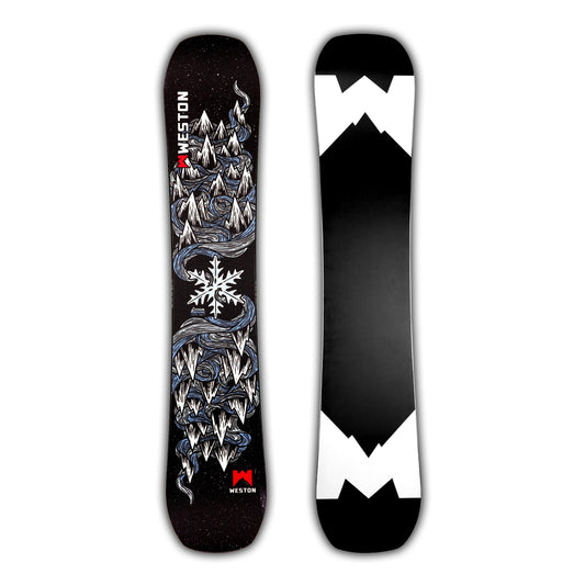 Weston Dream Machine Snowboard with mountain and snowflake design on a black background in the art style of John Fellows