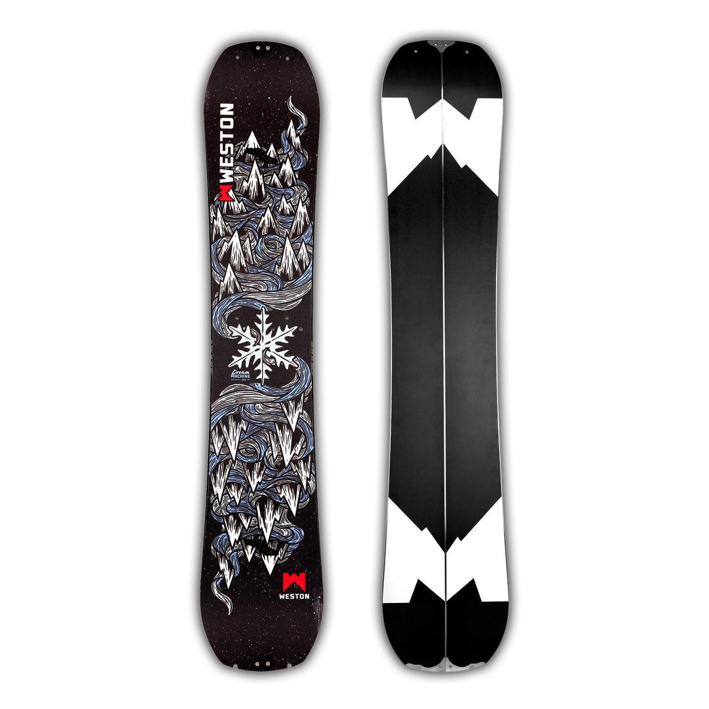 Weston Dream Machine Splitboard with mountain and snowflake design on a black background in the art style of John Fellows