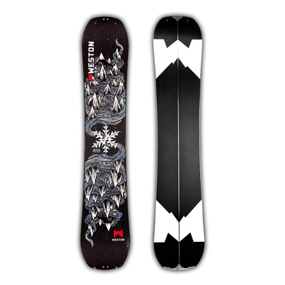 Weston Dream Machine Splitboard with mountain and snowflake design on a black background in the art style of John Fellows