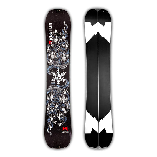 Weston Dream Machine Splitboard with mountain and snowflake design on a black background in the art style of John Fellows