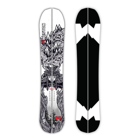 The Weston Gnarnia Carbon splitboard with white and black graphics in the style of John Fellows.