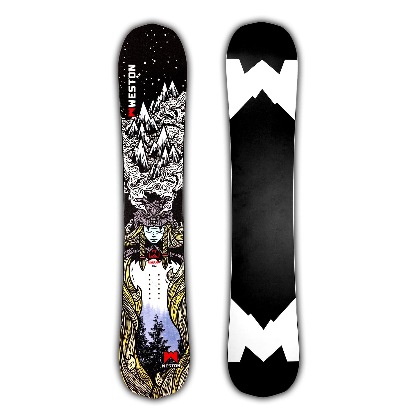 Weston Gnarnia Snowboard with a mountain design and viking woman wearing a wolf headpiece on a black background in the art style of John Fellows