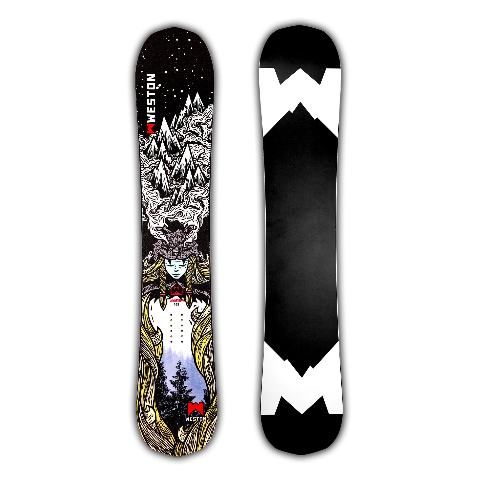 Weston Gnarnia Snowboard with a mountain design and viking woman wearing a wolf headpiece on a black background in the art style of John Fellows