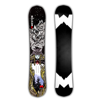 Weston Gnarnia Snowboard with a mountain design and viking woman wearing a wolf headpiece on a black background in the art style of John Fellows