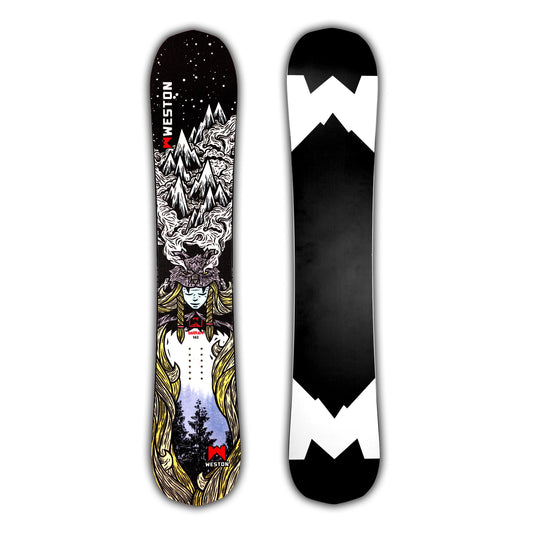 Weston Gnarnia Snowboard with a mountain design and viking woman wearing a wolf headpiece on a black background in the art style of John Fellows