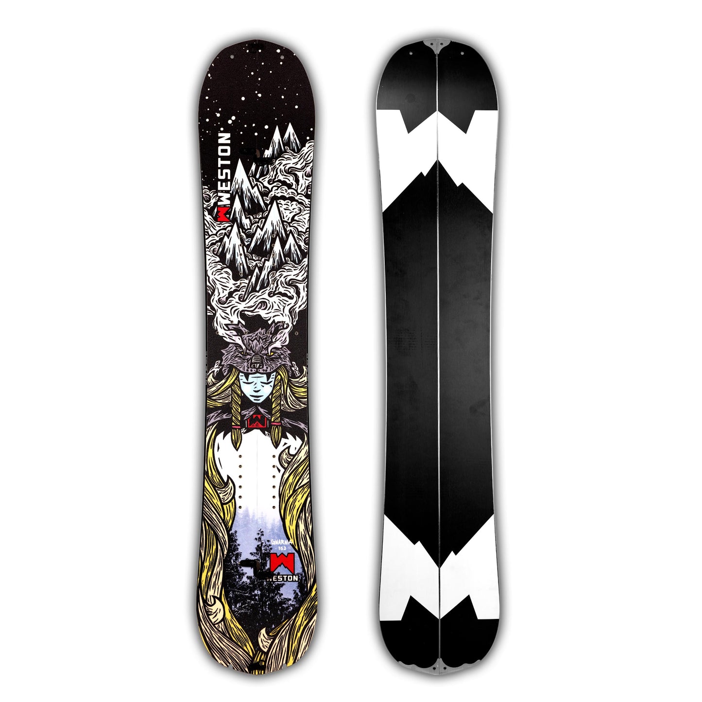 Weston Gnarnia Splitboard with a mountain design and viking woman wearing a wolf headpiece on a black background in the art style of John Fellows