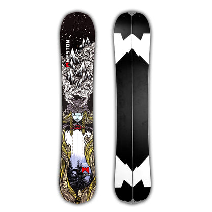 Weston Gnarnia Splitboard with a mountain design and viking woman wearing a wolf headpiece on a black background in the art style of John Fellows
