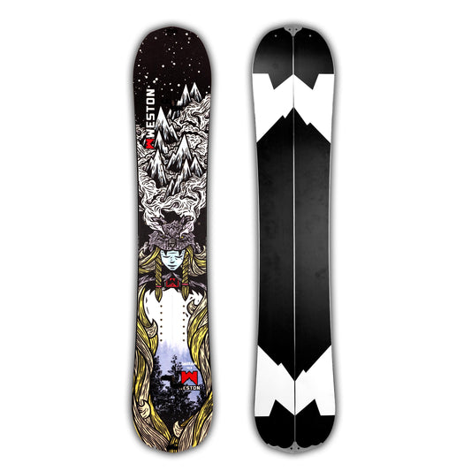 Weston Gnarnia Splitboard with a mountain design and viking woman wearing a wolf headpiece on a black background in the art style of John Fellows